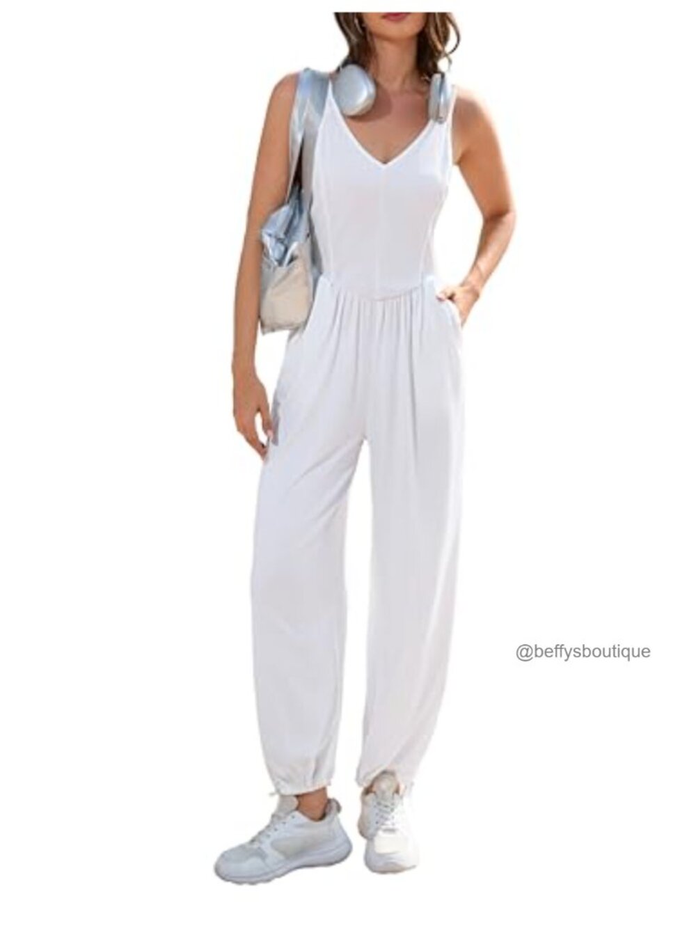 Sleeveless V Neck Wide Leg Pant Jumpsuit Romper with Pockets